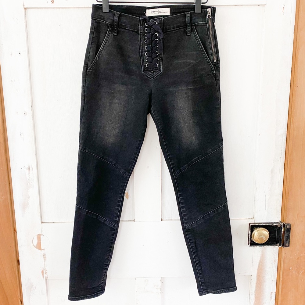 GAP lace up true skinny moto knee black jean sz 28